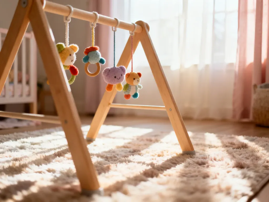 Drewniany stojak edukacyjny z wiszącymi zabawkami w przytulnym, słonecznym pokoju dziecięcym.