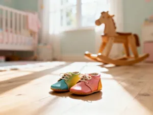 Dziecięce rączki sięgające po pluszową zabawkę na tle kolorowych klocków w przytulnym pokoju dziecięcym.