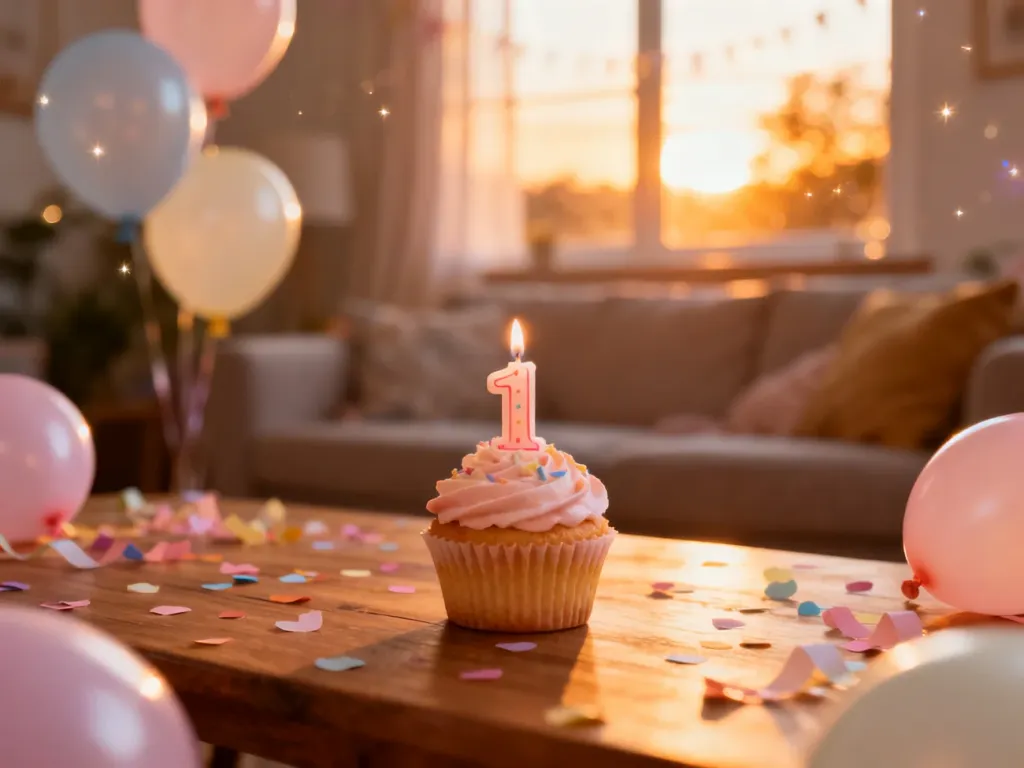 Udekorowana babeczka z cyfrą jeden na tle pastelowych balonów i konfetti, tworząca radosny nastrój pierwszych urodzin.