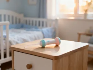Przytulny pokój dziecięcy z łóżeczkiem i fotelem do bujania w świetle księżyca, sprzyjający spokojnemu zasypianiu.