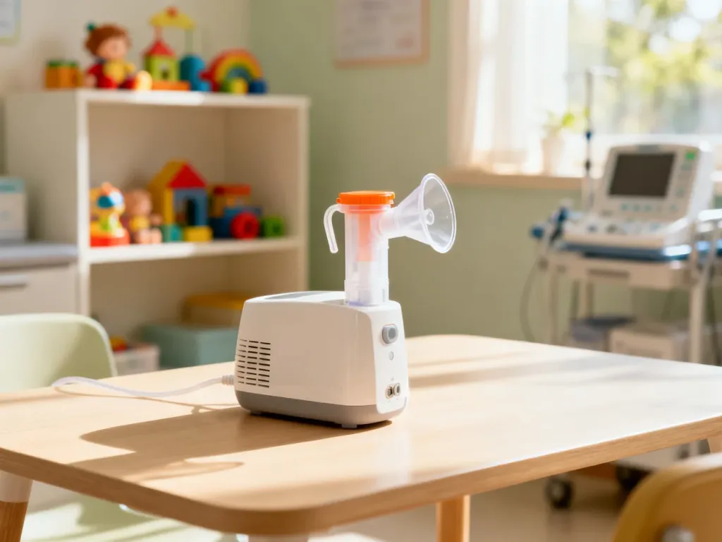 Nowoczesny, przenośny inhalator dla dzieci na drewnianym stole w przyjaznym gabinecie pediatrycznym.