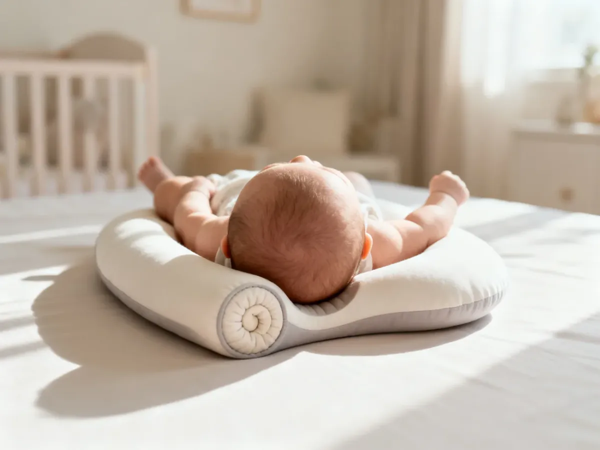 Niemowlę leżące na plecach z główką ułożoną centralnie w poduszce Head Care