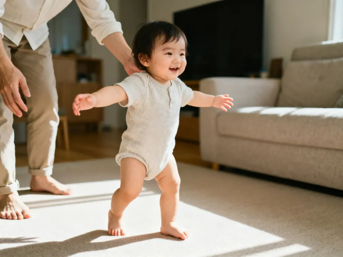 Toddler practicing first steps in a safe living room