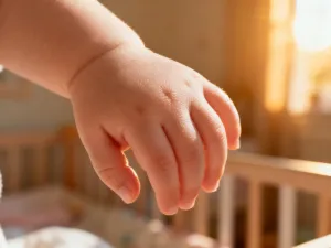 Drewniana wieża z klocków i puste krzesełko w przytulnym pokoju, symbolizujące cierpliwe podejście do wychowania dziecka.