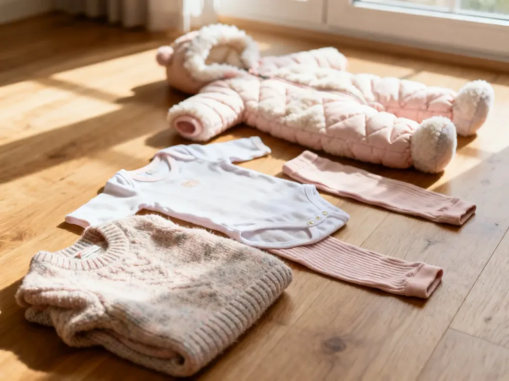 Zestaw warstwowych ubranek dla niemowlęcia: bawełniane body, wełniany sweter, legginsy oraz ocieplany kombinezon zimowy.