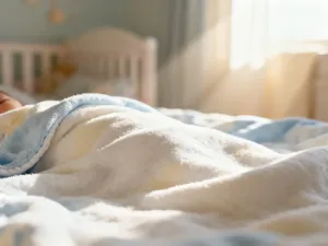 Kolorowa drewniana grzechotka na miękkim, białym kocyku w przytulnym pokoju dziecięcym.